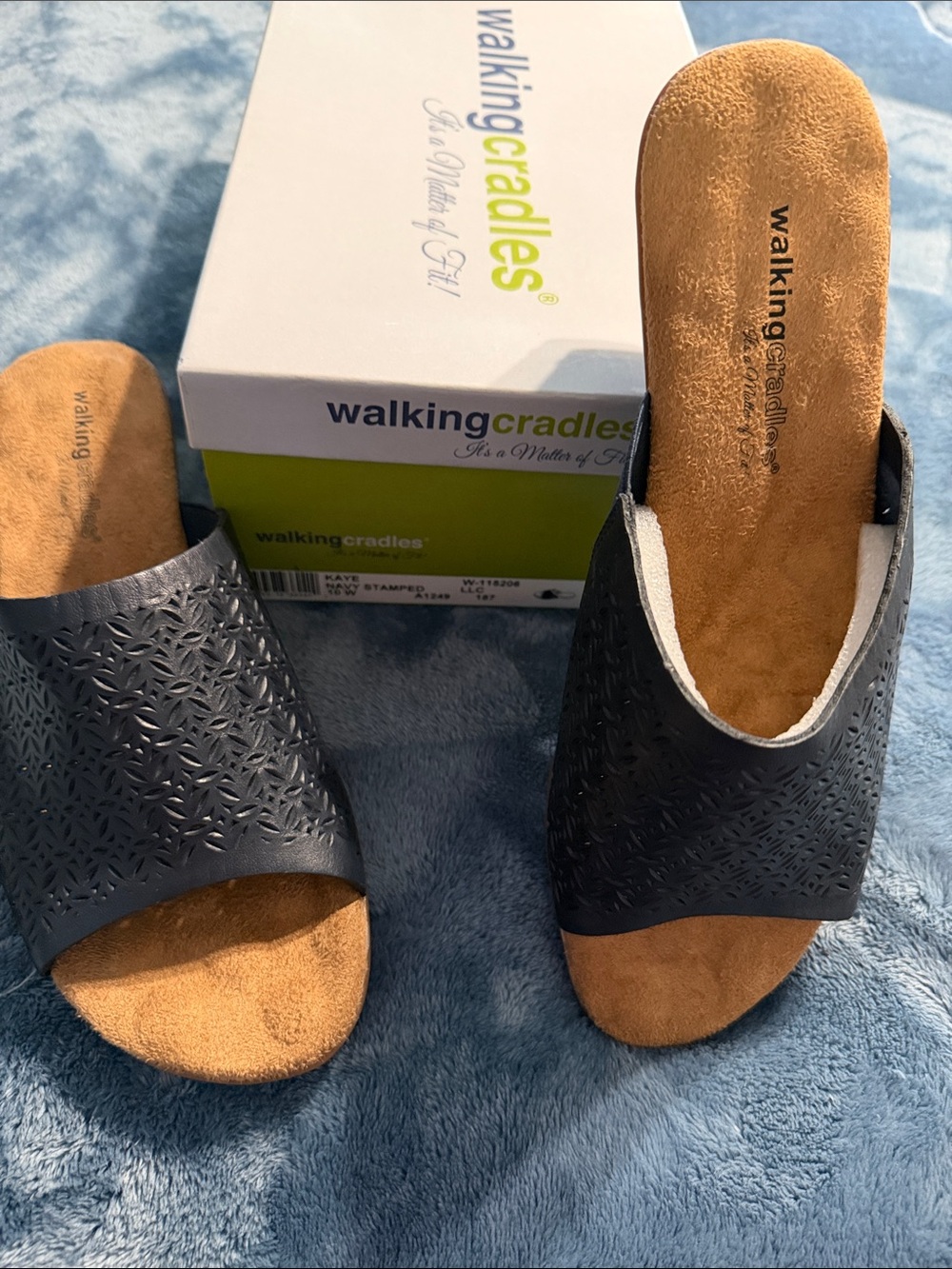 New Walking Cradles Navy Blue Laser-Cut Slide Mules size 10